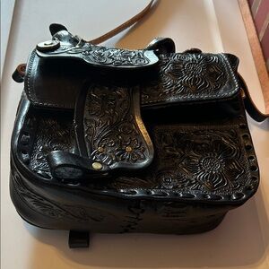 Western Tooled Leather Saddle Bag - Black